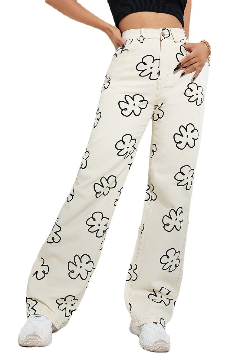 Women's Loose Straight-leg Printed Casual Jeans