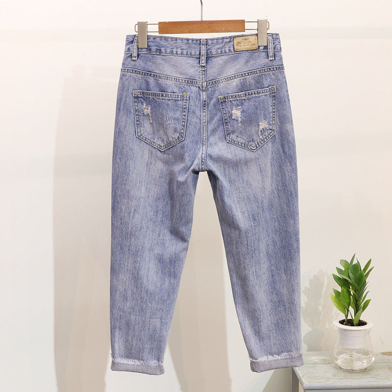 Women's Denim Suit | Short-sleeved T-shirt and Ripped Ankle Jeans