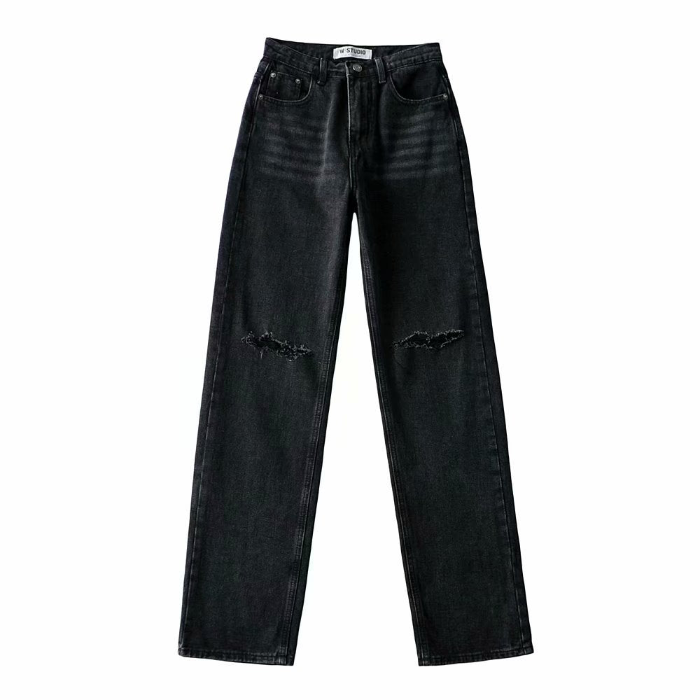 Women's Double-knee Holes Rolled Edge Mopping Jeans