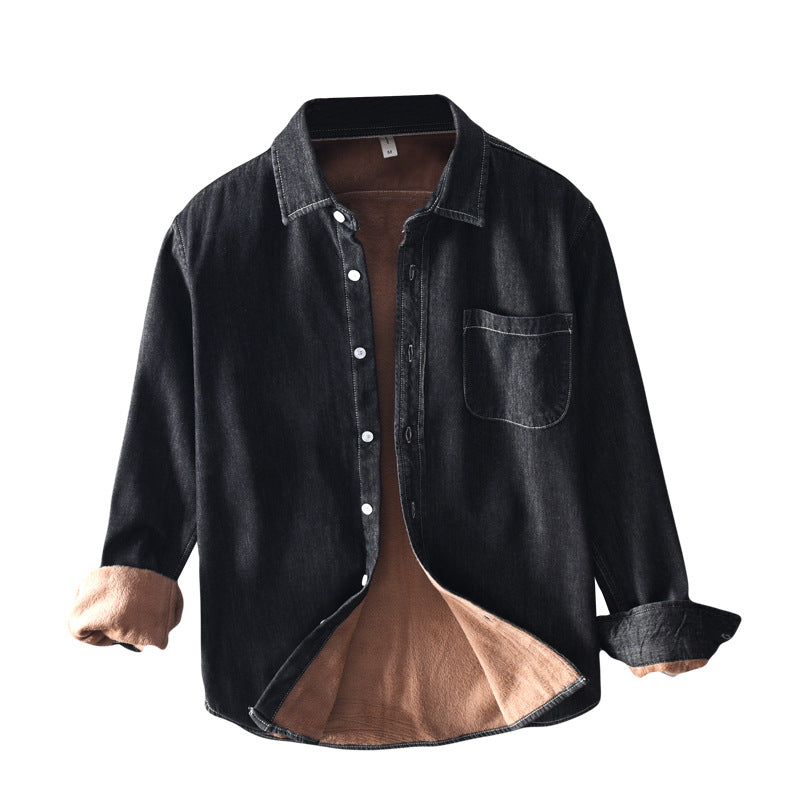 Plush Denim Long Sleeved Shirt Korean Loose Casual Cotton Shirt Jacket