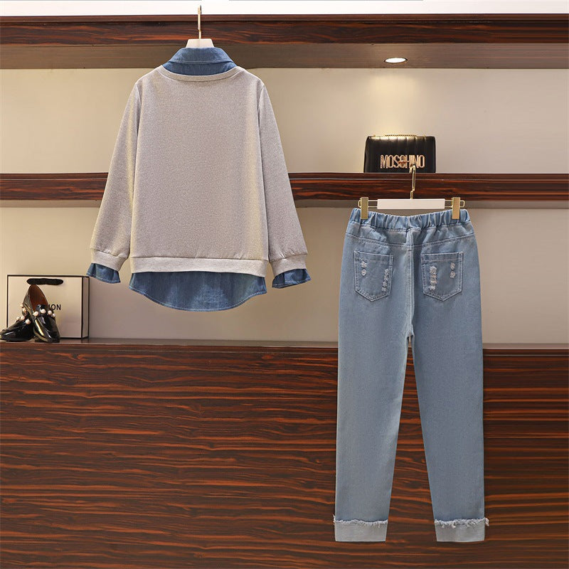 Two-piece Large Size New Slim Western Style Sweater And Jeans