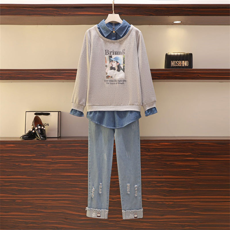 Two-piece Large Size New Slim Western Style Sweater And Jeans