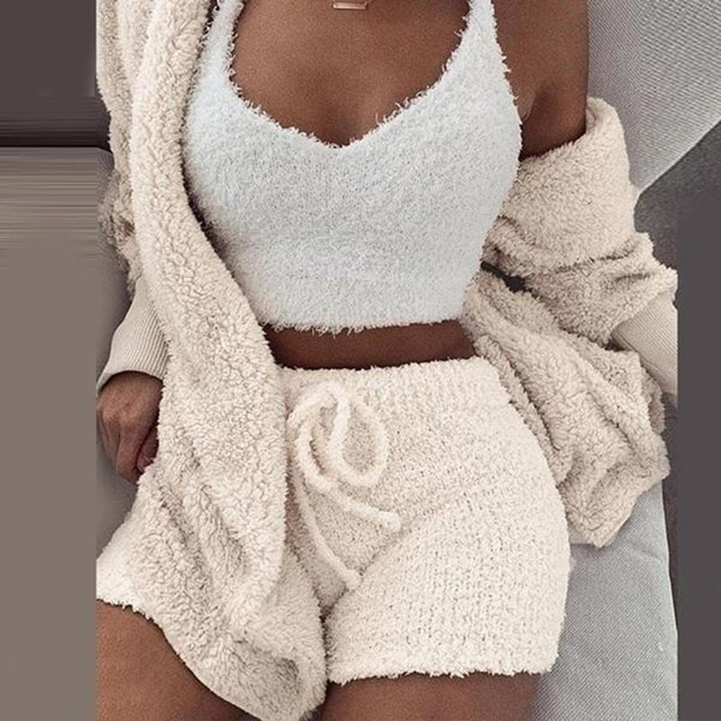 Fluffy Velvet Plush Hooded Cardigan Set