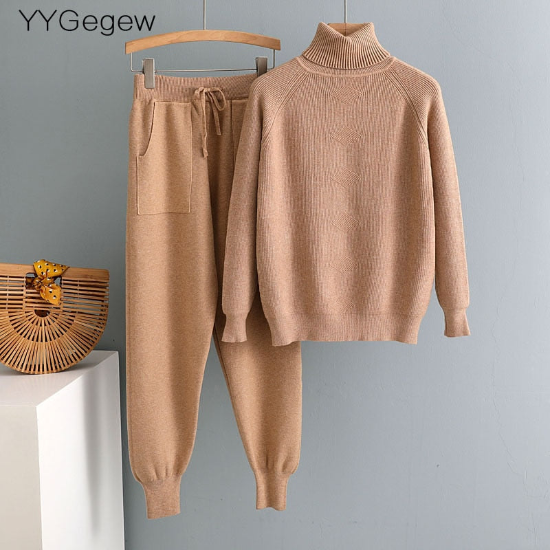 Women Knitted Turtleneck Sweater and Carrot pants Set