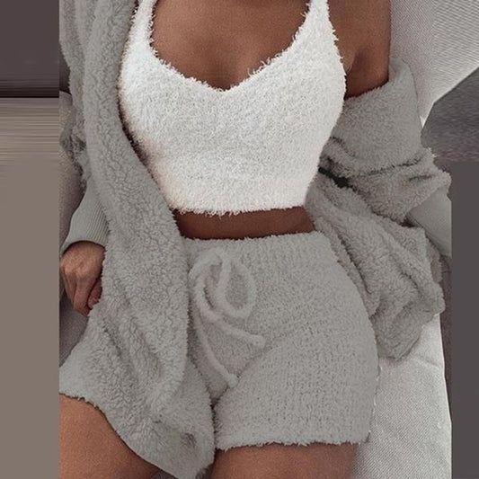 Fluffy Velvet Plush Hooded Cardigan Set