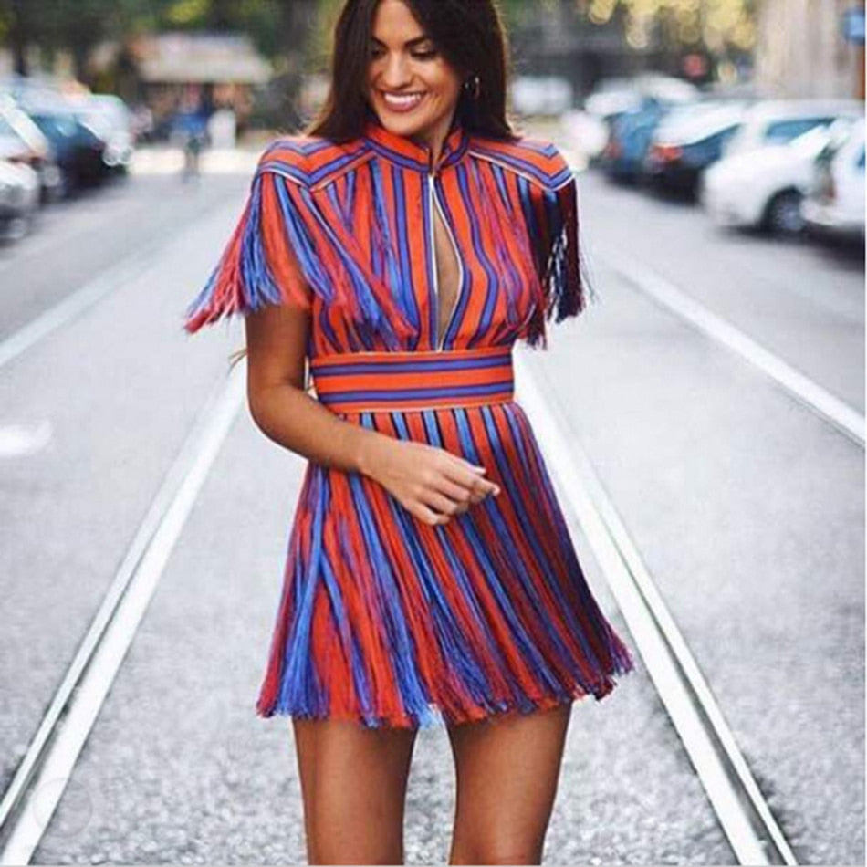 Striped Fringed Hollow Party Dress