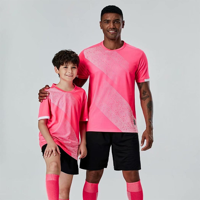 Men and Kids Pink Custom Soccer Jerseys Set