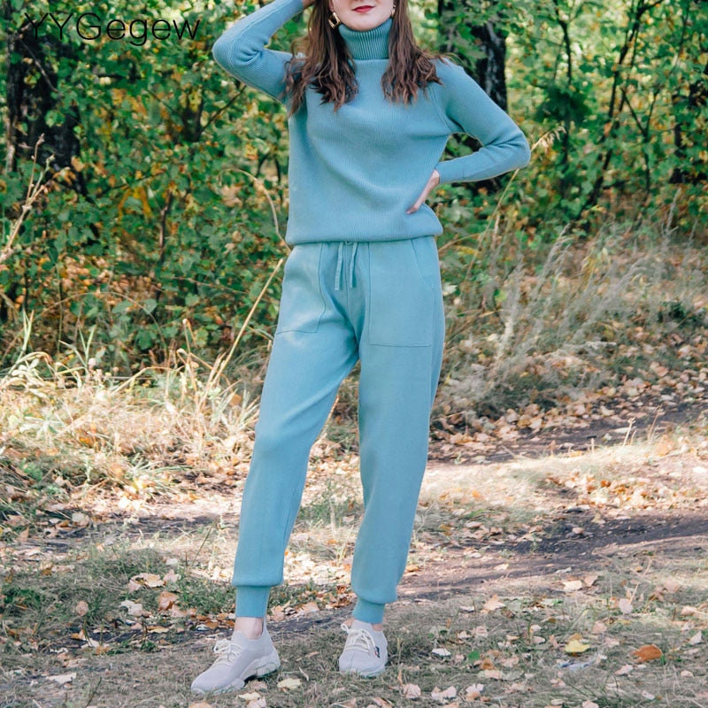 Women Knitted Turtleneck Sweater and Carrot pants Set