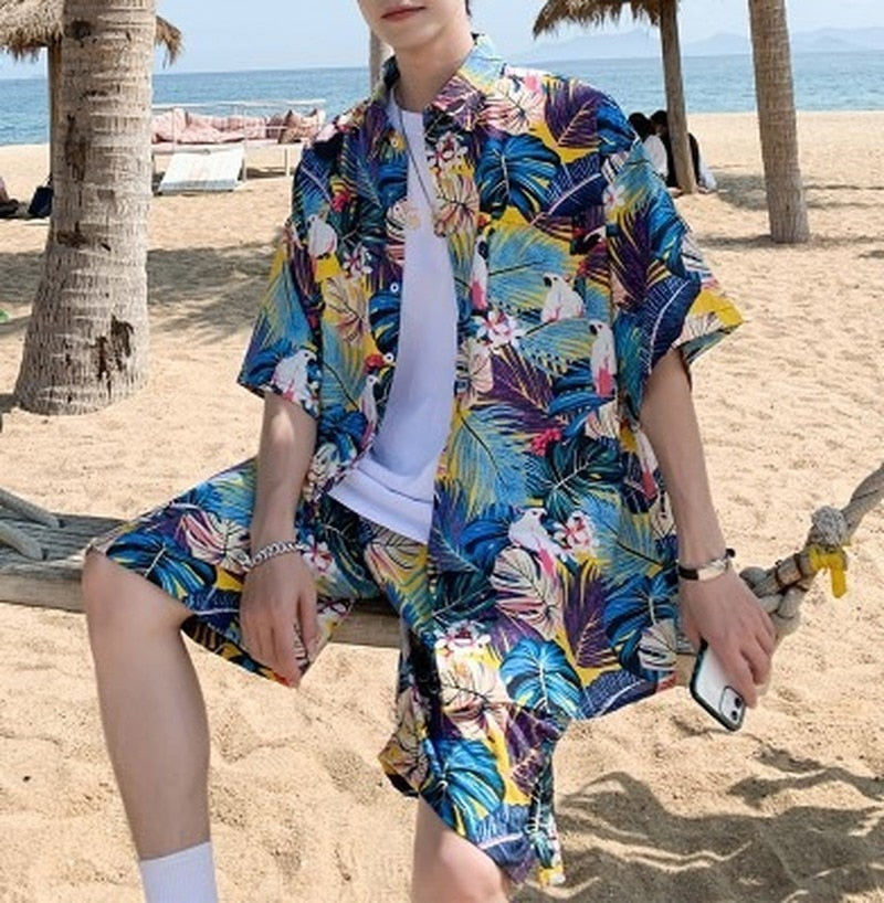 Hawaiian Beach Short-sleeved Flower Shirt Shorts Suit