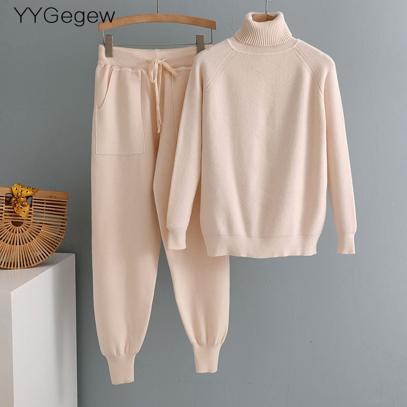 Women Knitted Turtleneck Sweater and Carrot pants Set