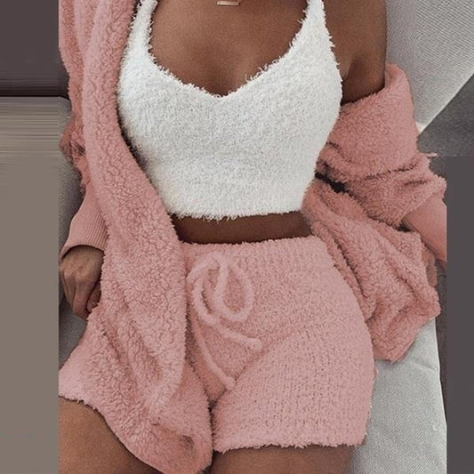 Fluffy Velvet Plush Hooded Cardigan Set