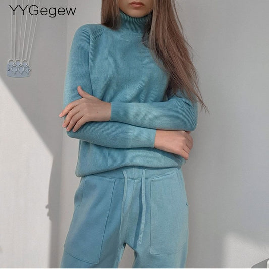 Women Knitted Turtleneck Sweater and Carrot pants Set