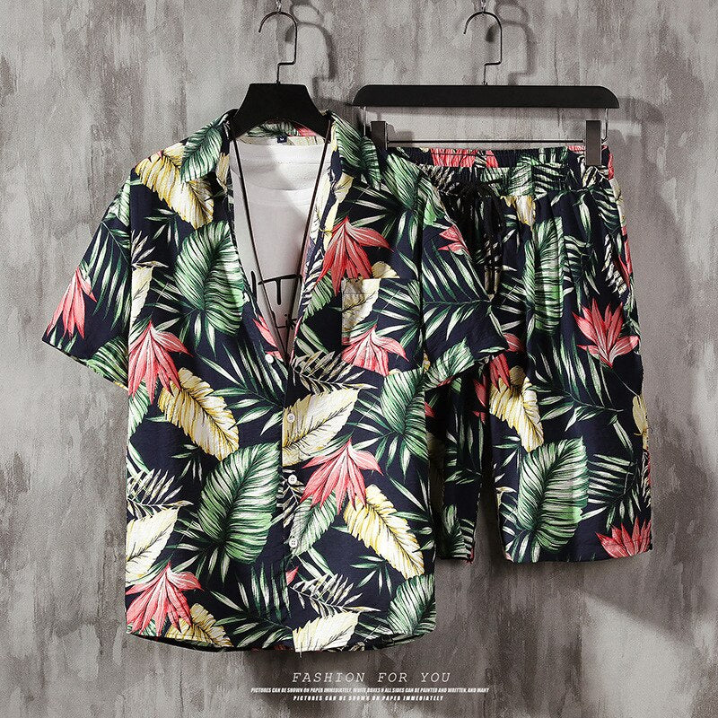 Hawaiian Beach Short-sleeved Flower Shirt Shorts Suit