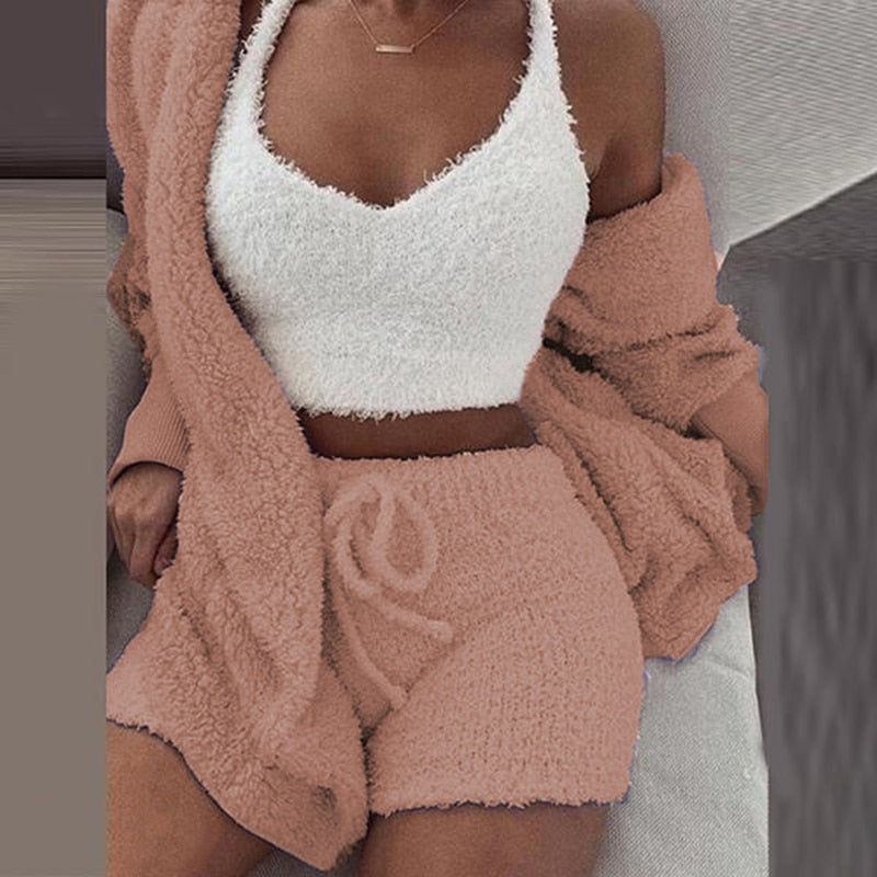 Fluffy Velvet Plush Hooded Cardigan Set