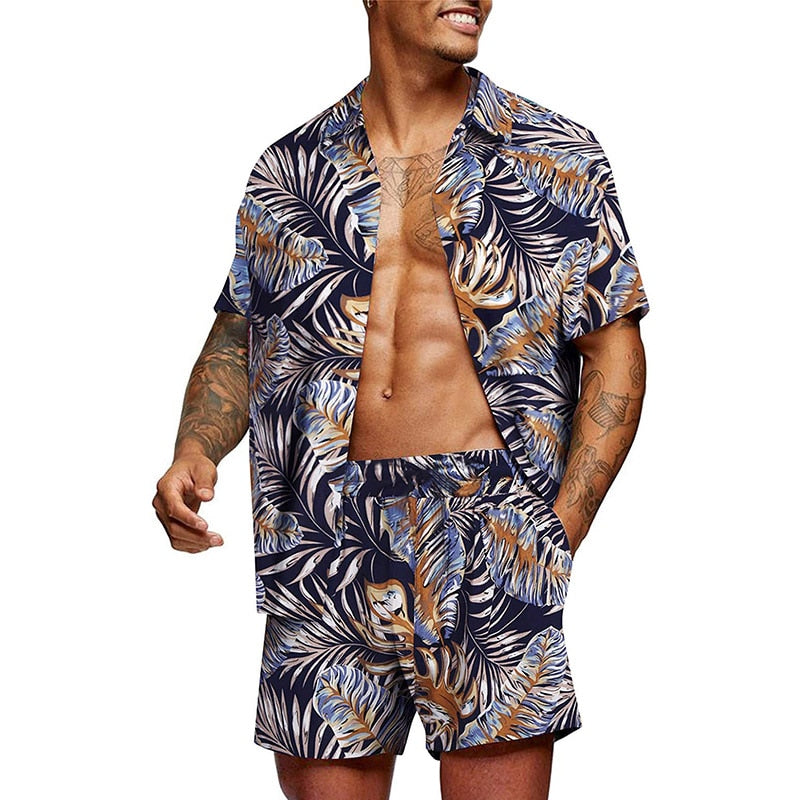 Hawaiian Summer Feather Printing Short Sleeve Button Shirt Sets