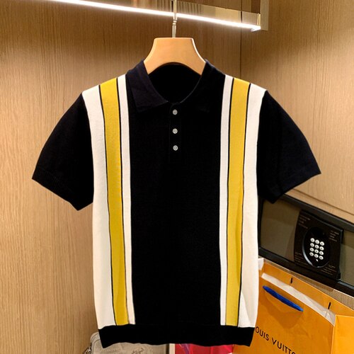 Summer Striped Patchwork Knit Polo Shirt