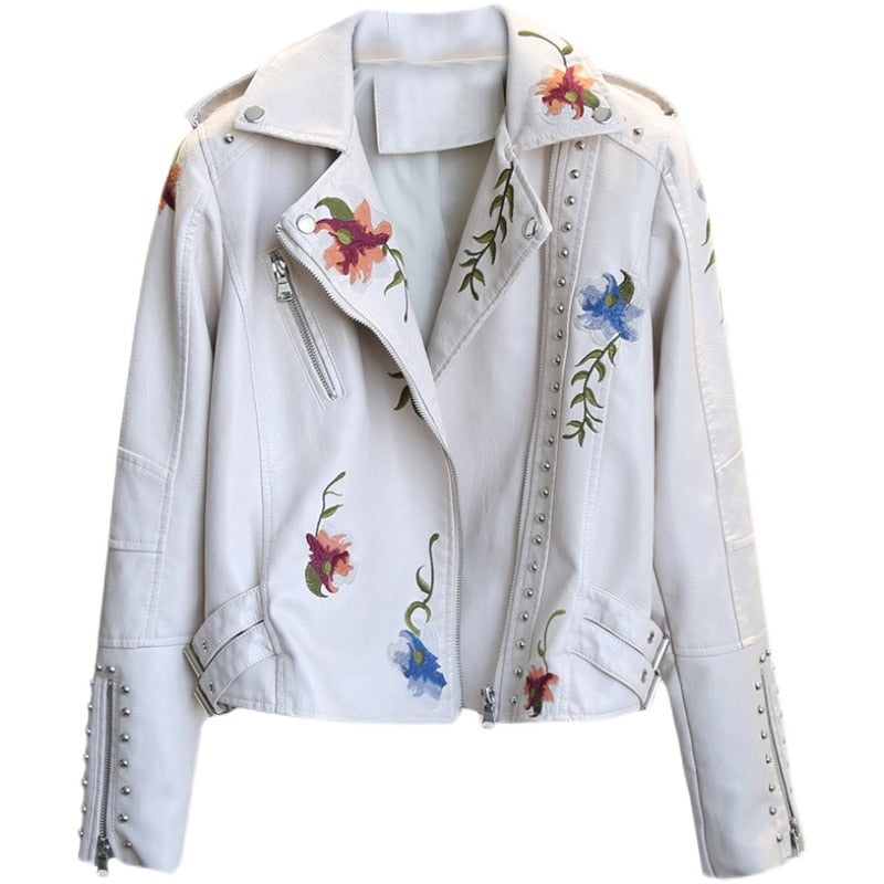 Floral Print Embroidery Faux Leather Jacket