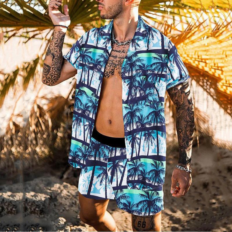 Hawaiian Summer Feather Printing Short Sleeve Button Shirt Sets