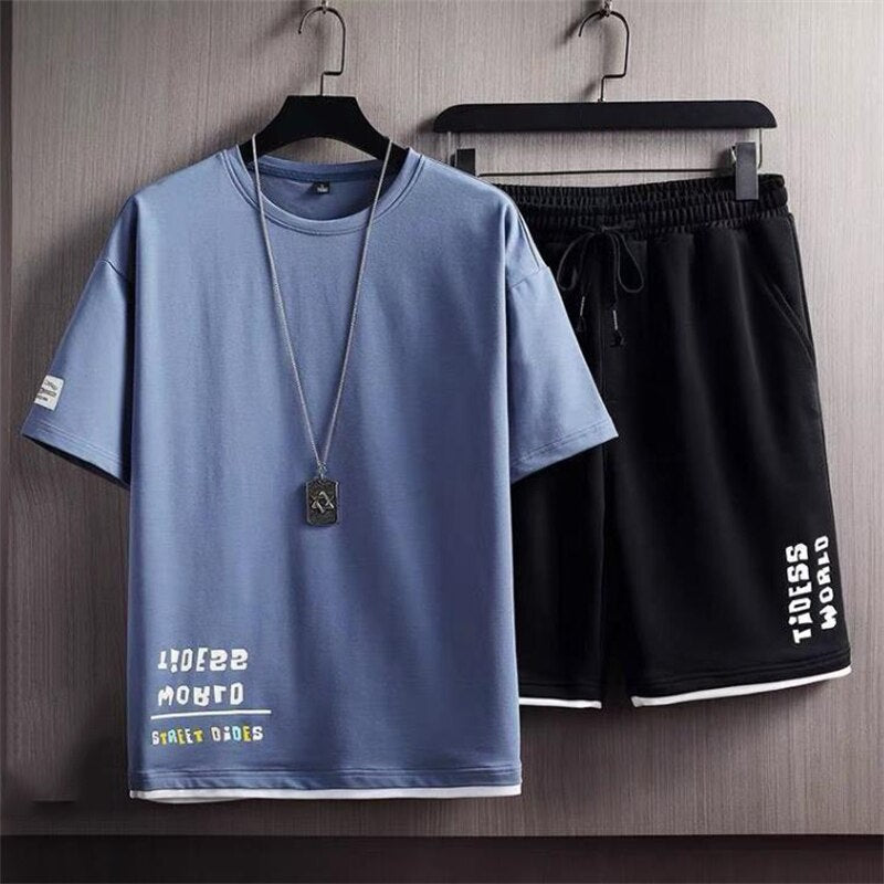 Summer Solid Color Tshirt and Knee Length Short Pants Casual 2 Piece Suit