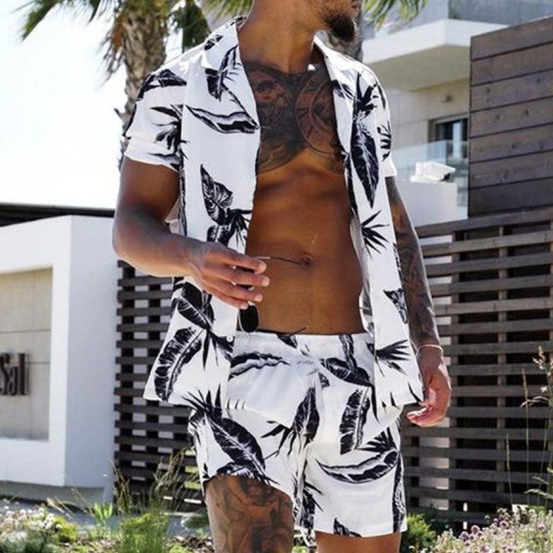 Hawaiian Summer Feather Printing Short Sleeve Button Shirt Sets