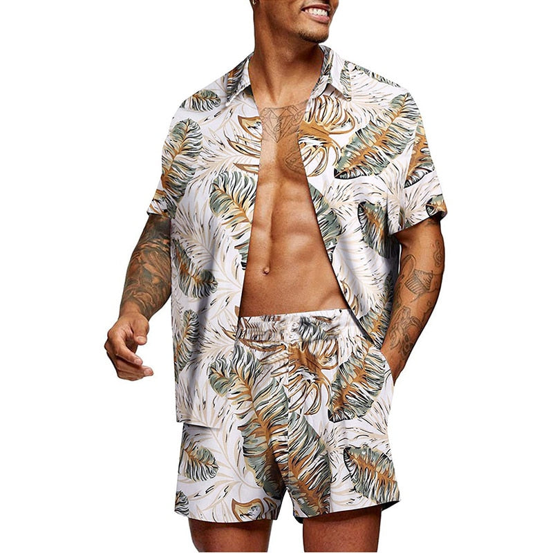 Hawaiian Summer Feather Printing Short Sleeve Button Shirt Sets