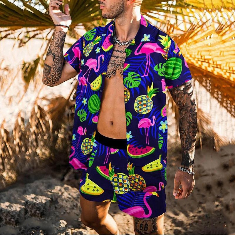 Hawaiian Summer Feather Printing Short Sleeve Button Shirt Sets