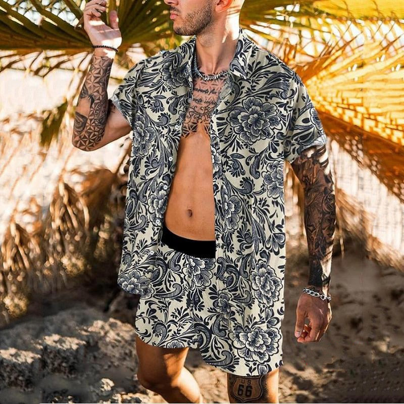 Hawaiian Summer Feather Printing Short Sleeve Button Shirt Sets