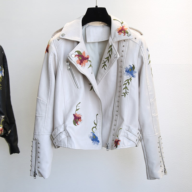 Floral Print Embroidery Faux Leather Jacket