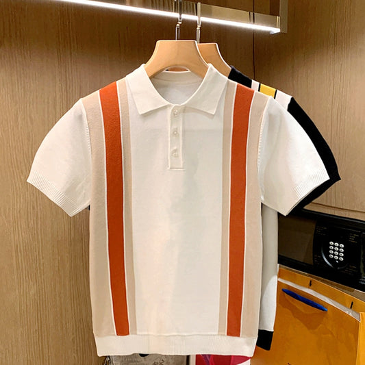 Summer Striped Patchwork Knit Polo Shirt