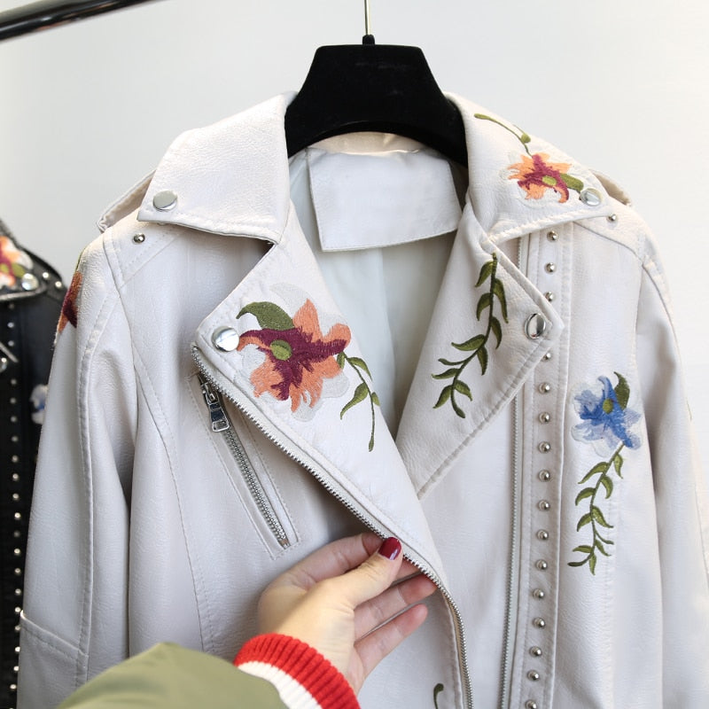 Floral Print Embroidery Faux Leather Jacket