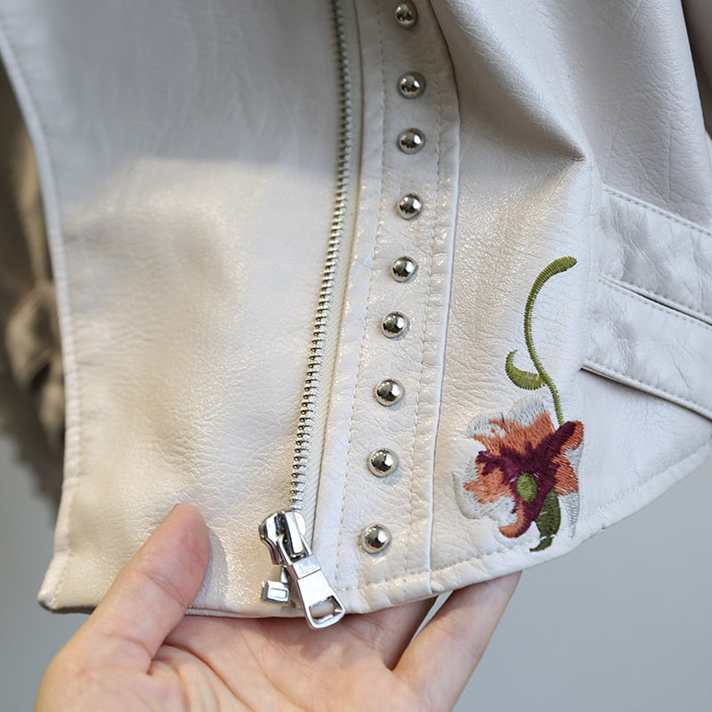 Floral Print Embroidery Faux Leather Jacket