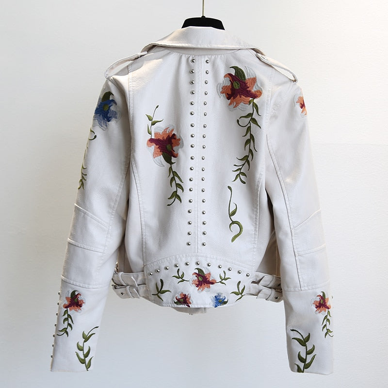 Floral Print Embroidery Faux Leather Jacket