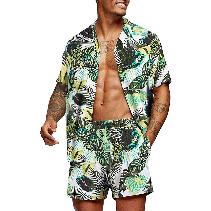 Hawaiian Summer Feather Printing Short Sleeve Button Shirt Sets