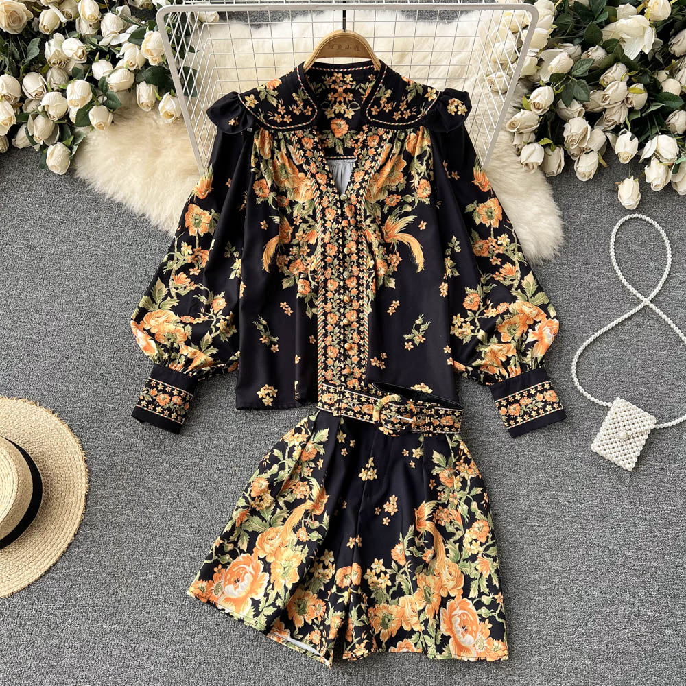 Women Turn Down Collar Floral Print Blouse And Shorts Suit