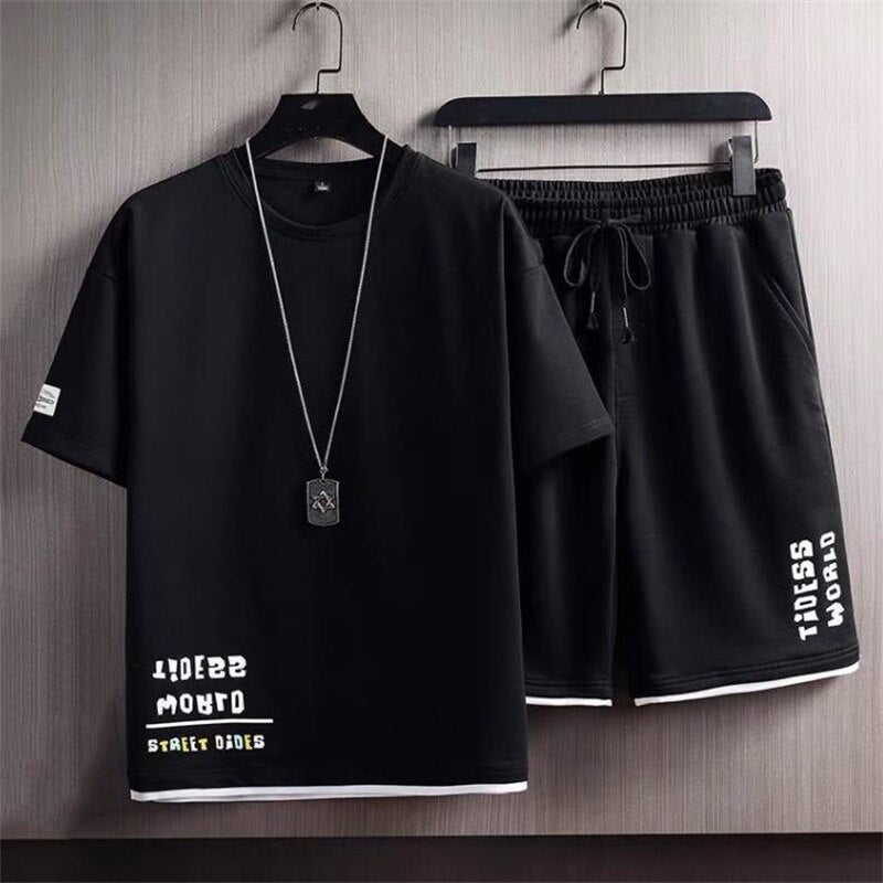 Summer Solid Color Tshirt and Knee Length Short Pants Casual 2 Piece Suit