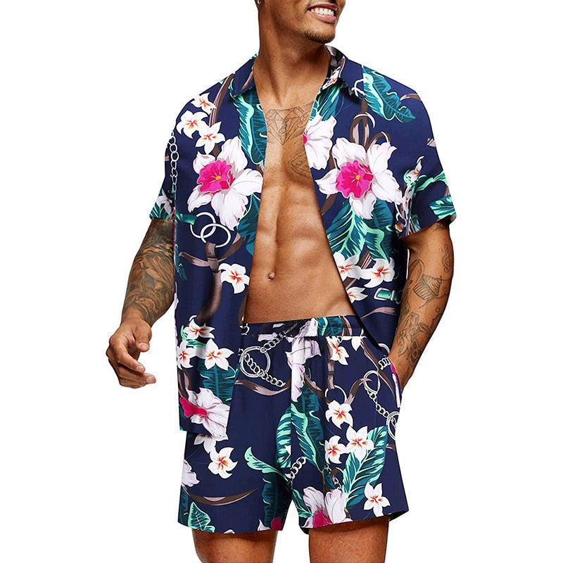 Hawaiian Summer Feather Printing Short Sleeve Button Shirt Sets