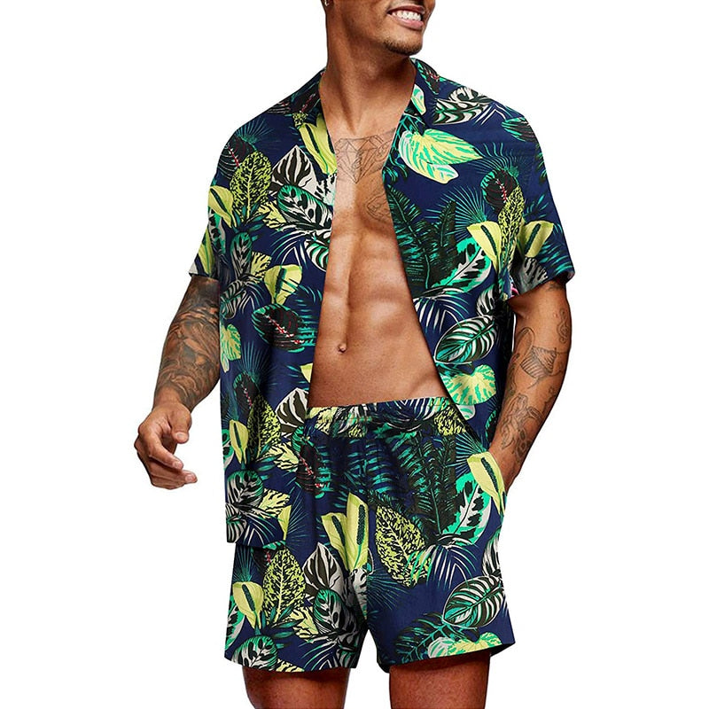 Hawaiian Summer Feather Printing Short Sleeve Button Shirt Sets