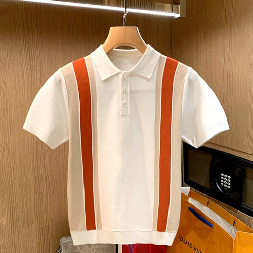 Summer Striped Patchwork Knit Polo Shirt