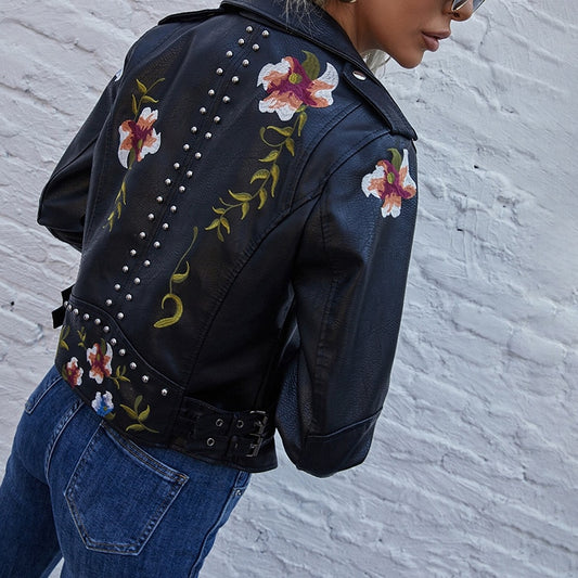 Floral Print Embroidery Faux Leather Jacket