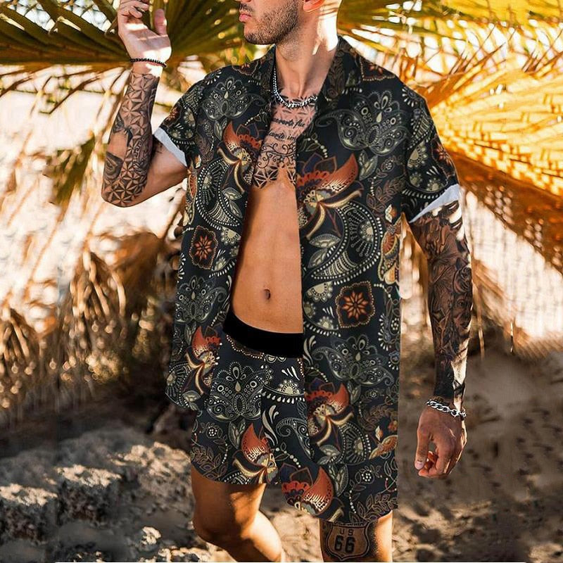 Hawaiian Summer Feather Printing Short Sleeve Button Shirt Sets