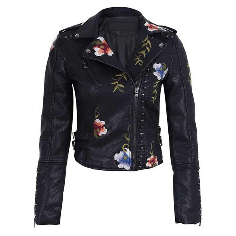 Floral Print Embroidery Faux Leather Jacket