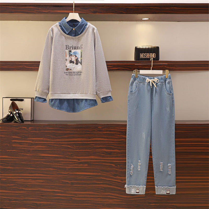 Two-piece Large Size New Slim Western Style Sweater And Jeans