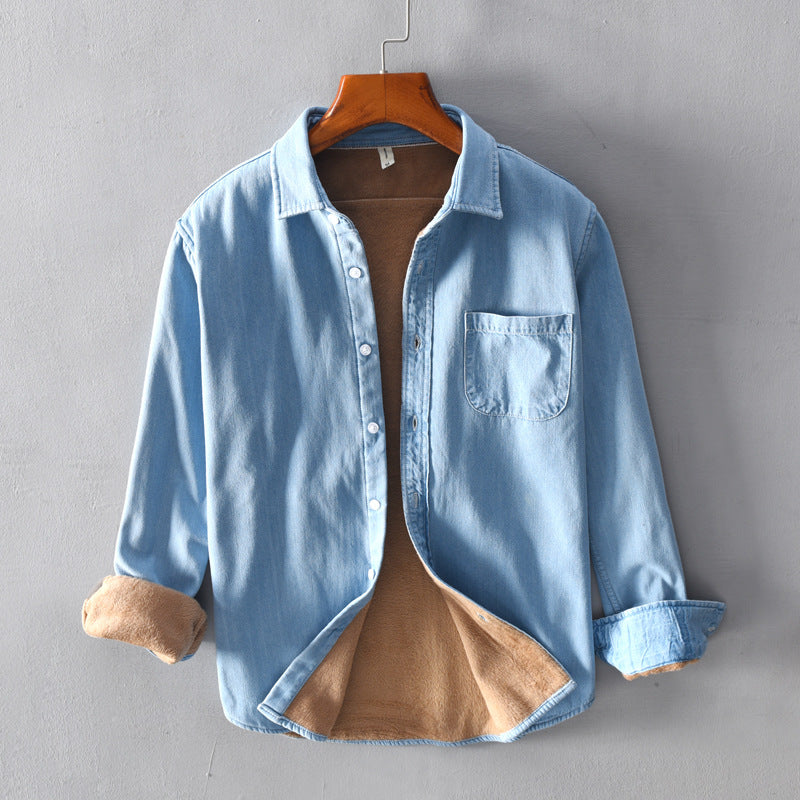 Plush Denim Long Sleeved Shirt Korean Loose Casual Cotton Shirt Jacket